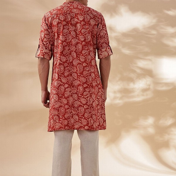 Taavi Paisley Printed Band Collar Pure Cotton Long Straight Kurta