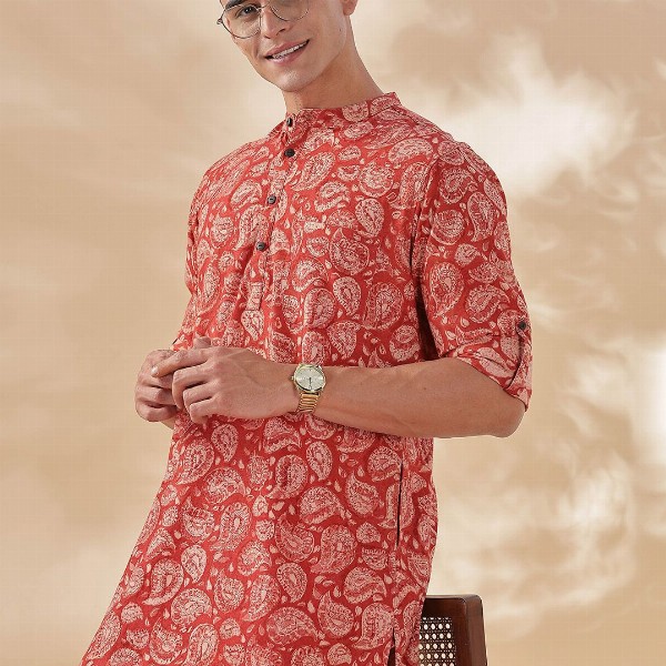 Taavi Paisley Printed Band Collar Pure Cotton Long Straight Kurta