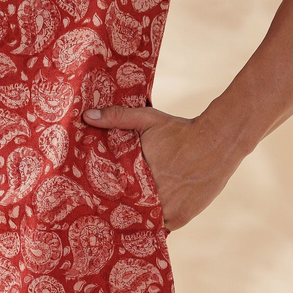 Taavi Paisley Printed Band Collar Pure Cotton Long Straight Kurta