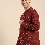 Anouk Men Red & Cream-Coloured Ethnic Motifs Printed Pure Cotton Short Kurta