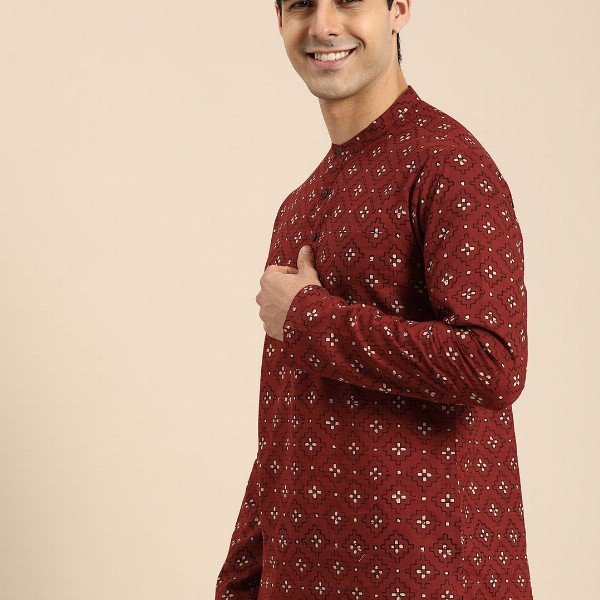 Anouk Men Red & Cream-Coloured Ethnic Motifs Printed Pure Cotton Short Kurta