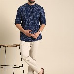 Anouk Men Geometric Printed Cotton Indigo Short Kurta