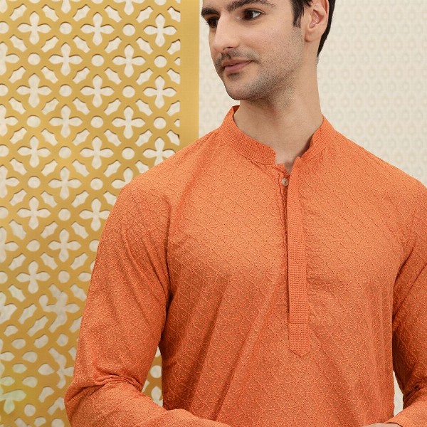 House of Pataudi Men Orange Jashn Chikankari Embroidered Kurta