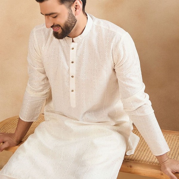 HERE&NOW Men Thread Work Liva Kurta