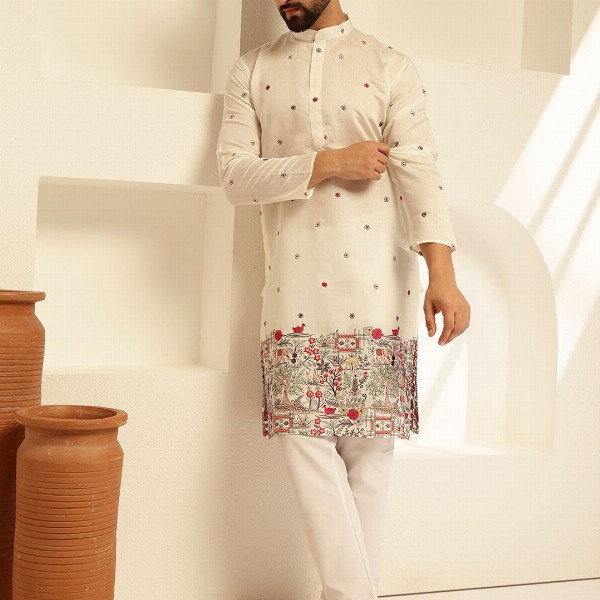 SOJANYA Floral Embroidered Mandarin Collar Thread Work Cotton Silk Straight Kurta