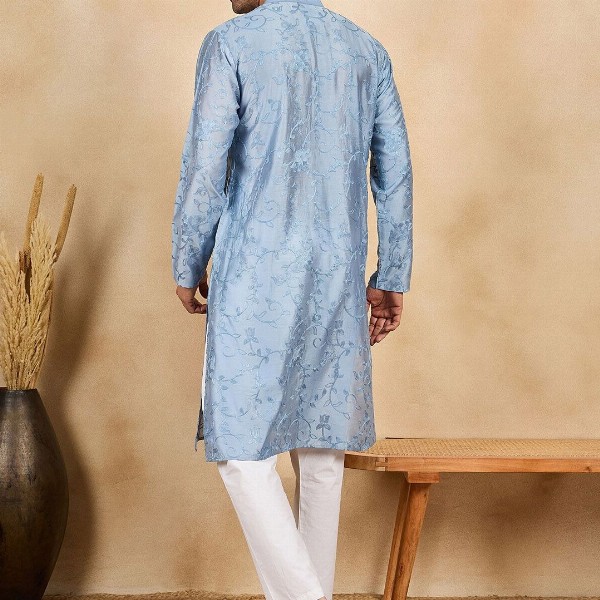 House of Pataudi Floral Embroidered Thread Work Mandarin Collar Straight Kurta
