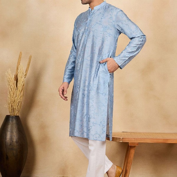 House of Pataudi Floral Embroidered Thread Work Mandarin Collar Straight Kurta