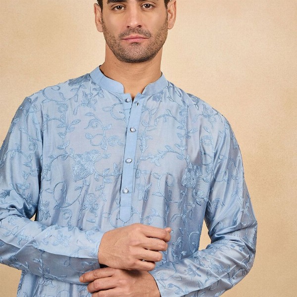 House of Pataudi Floral Embroidered Thread Work Mandarin Collar Straight Kurta