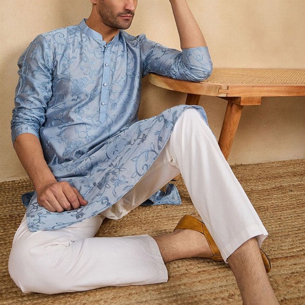 House of Pataudi Floral Embroidered Thread Work Mandarin Collar Straight Kurta