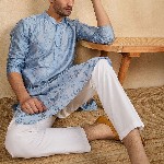 House of Pataudi Floral Embroidered Thread Work Mandarin Collar Straight Kurta