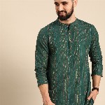 Anouk Men Green & Gold-Toned Striped Thread Work Straight Short Kurta