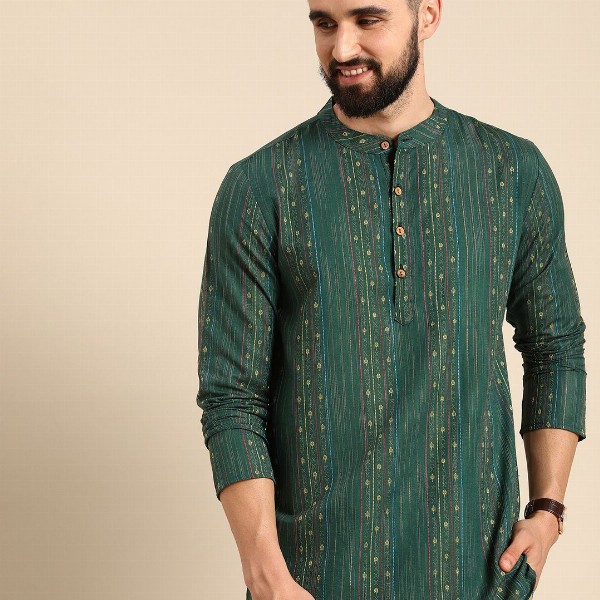 Anouk Men Green & Gold-Toned Striped Thread Work Straight Short Kurta