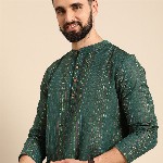 Anouk Men Green & Gold-Toned Striped Thread Work Straight Short Kurta