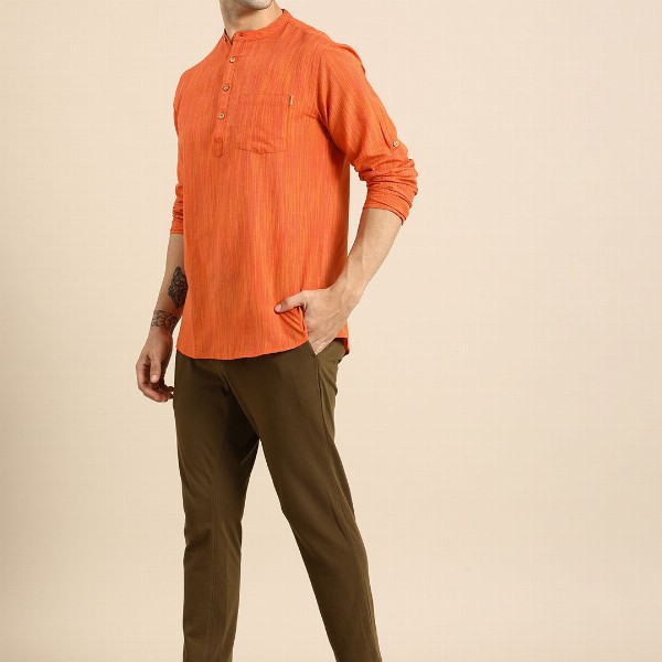 Anouk Men Orange Striped Short Kurta