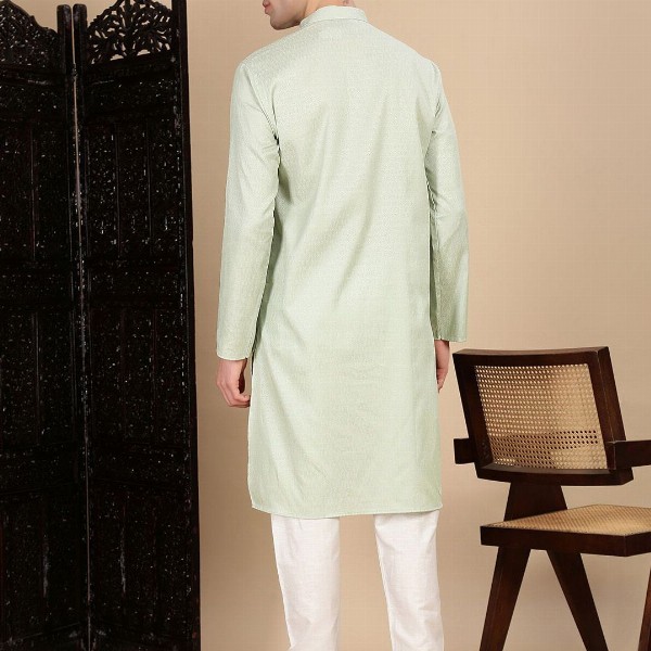 House of Pataudi Textured Mandarin Collar Cotton Straight Kurta