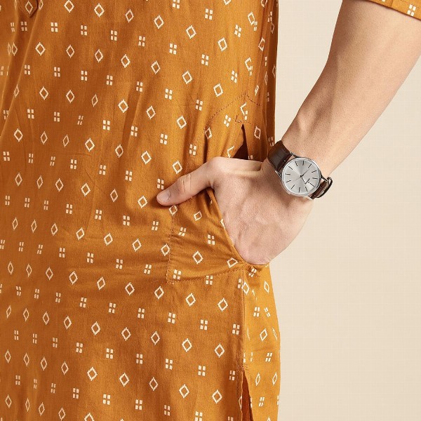 Anouk Men Mustard Yellow & White Geometric Printed Kurta