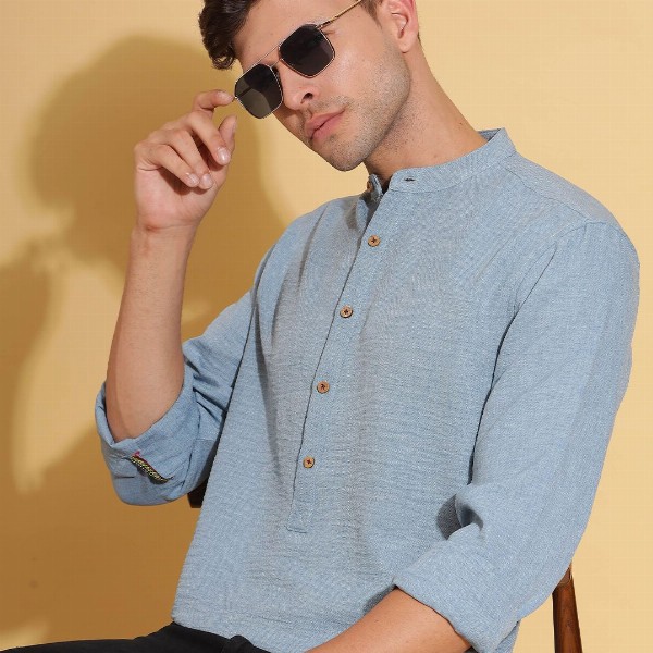 HERE&NOW Band Collar Cuffed Sleeves Straight Short Kurta