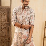 Shasak Floral Foil Printed Pastel Mandarin Collar Straight Cotton Kurta