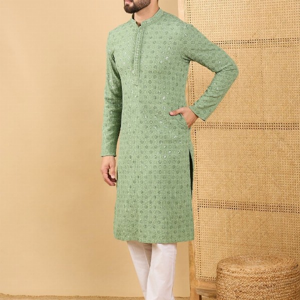 House of Pataudi Embroidered Sequinned Mandarin Collar Straight Kurta