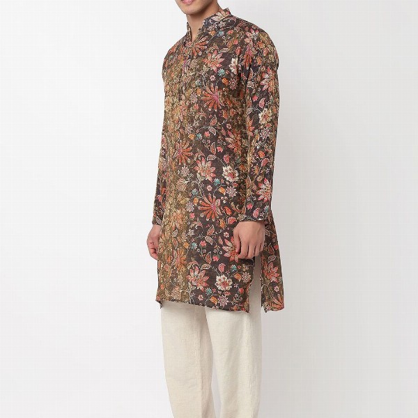 BELLAZO Men Floral Printed Screen Print Festive Cotton Straight Kurta
