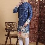 House of Pataudi Ethnic Motifs Embroidered Sequinned Mandarin Collar Pure Cotton Kurta
