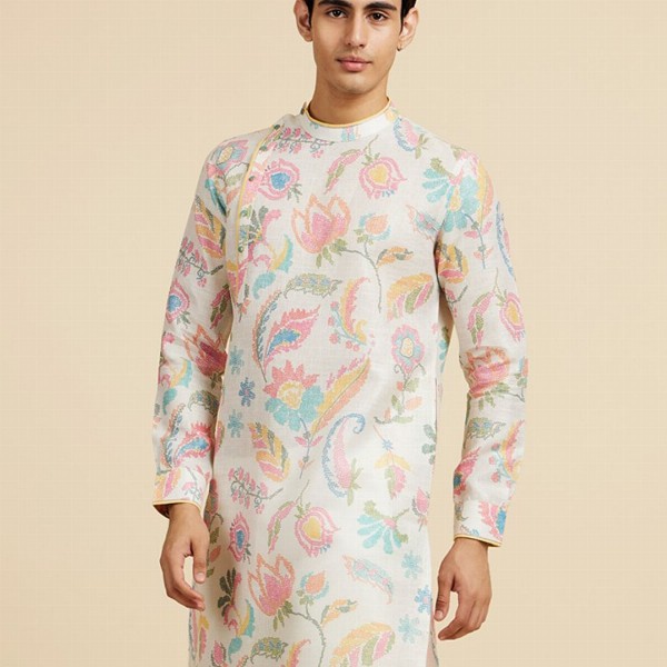 Diwas by Manyavar Floral Printed Mandarin Collar Cotton Kurta