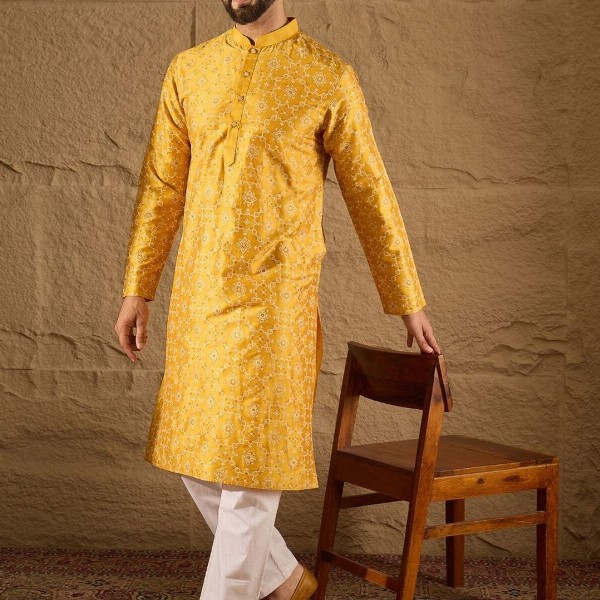 House of Pataudi Geometric Printed Mandarin Collar Silk Straight Kurta