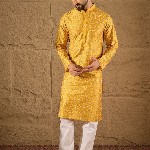 House of Pataudi Geometric Printed Mandarin Collar Silk Straight Kurta
