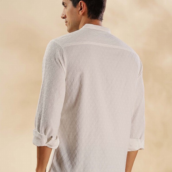 HERE&NOW Geometric Woven Design Thread Work Mandarin Collar Straight Short Kurta