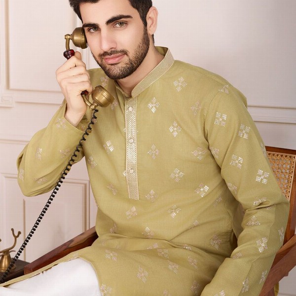 House of Pataudi Pushpa Geometric Embroidered Mandarin Collar Pure Cotton Straight Kurta