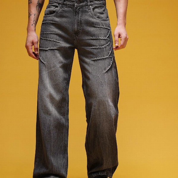 HERE&NOW Men Mid-Rise Acid Wash Crinkled Heavy Fade Pure Cotton Baggy Fit Jeans
