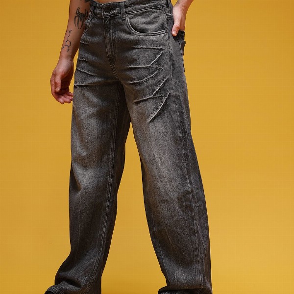 HERE&NOW Men Mid-Rise Acid Wash Crinkled Heavy Fade Pure Cotton Baggy Fit Jeans
