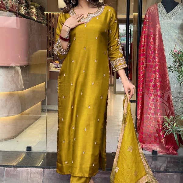 KALINI Women Floral Embroidered Notch Neck Straight Kurta With Trousers And Dupatta