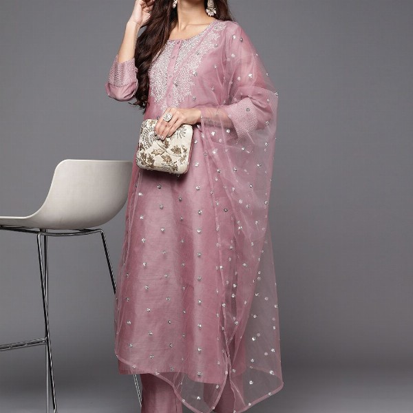 Varanga Floral Zari Embroidered Chanderi Silk Kurta With Trouser & Sequined Dupatta.
