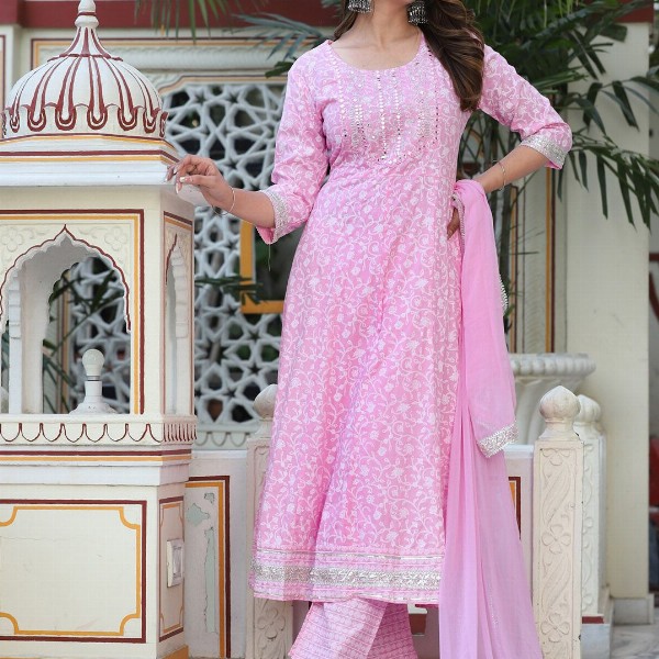 SINGNI Floral Printed Mirror Work Anarkali Kurta & Trousers With Dupatta