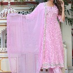 SINGNI Floral Printed Mirror Work Anarkali Kurta & Trousers With Dupatta