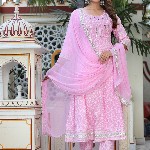 SINGNI Floral Printed Mirror Work Anarkali Kurta & Trousers With Dupatta