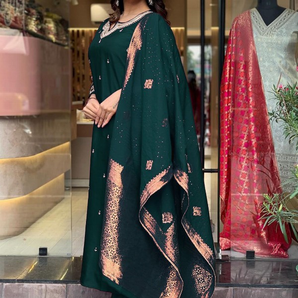 KALINI Floral Embroidered Beads and Stones Notch Neck Kurta With Trousers And Dupatta