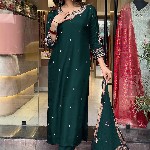 KALINI Floral Embroidered Beads and Stones Notch Neck Kurta With Trousers And Dupatta