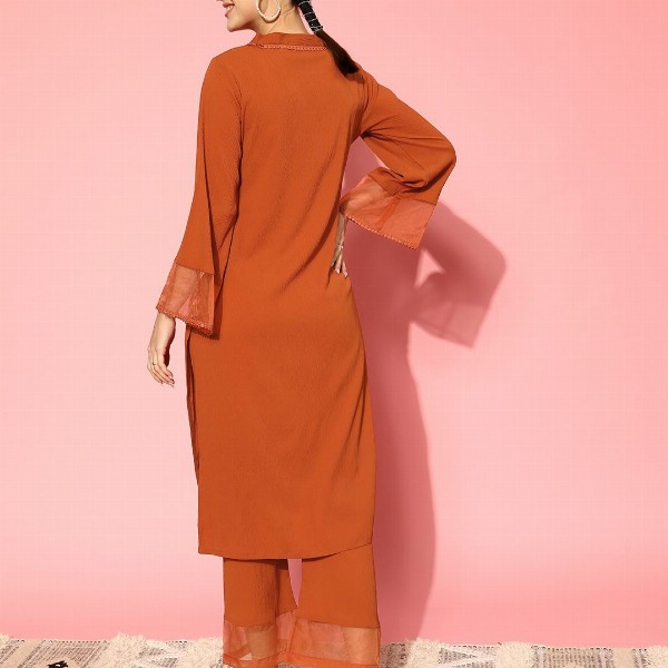 Varanga Rust Flared Sleeve Organza detailed V Neck Textured Kurta with Palazzo