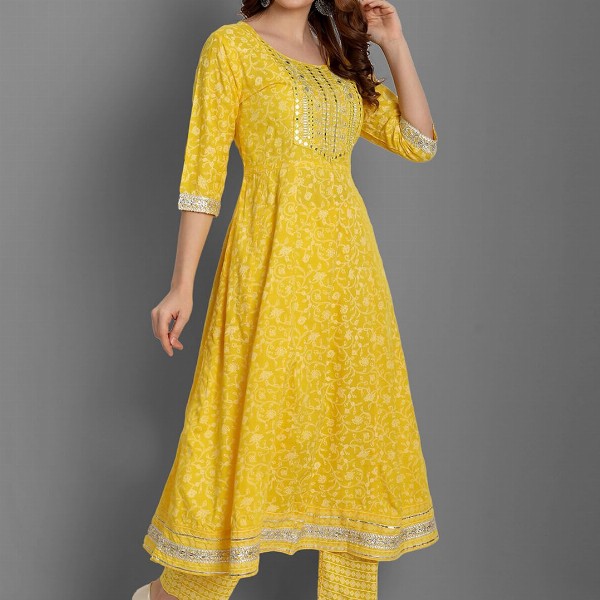 SINGNI Floral Printed Mirror Work A-Line Kurta With Trousers & Dupatta