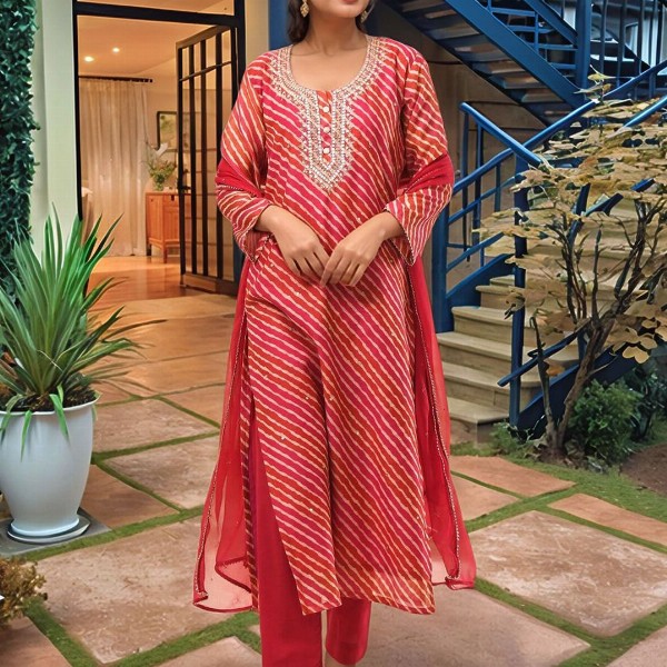 Aaghnya Leheriya Printed Zari Regular Kurta with Trousers & With Dupatta