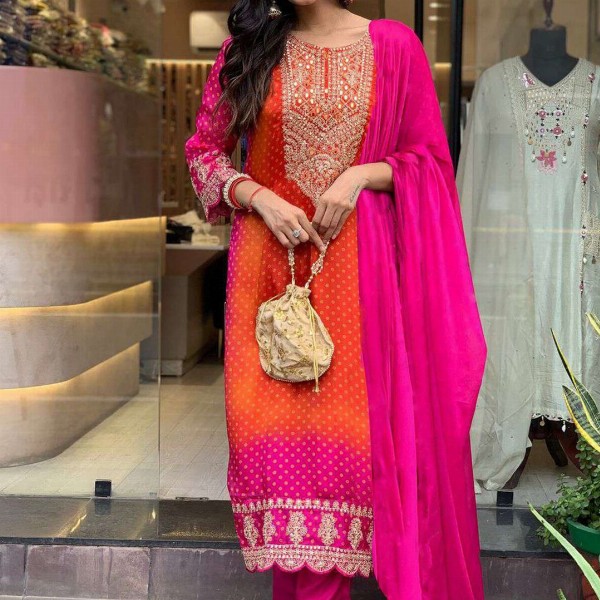 GoSriKi Bandhani Printed Sequinned Embroidery Work Kurta with Trousers & Dupatta