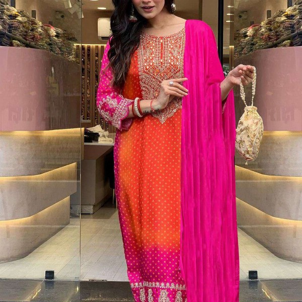 GoSriKi Bandhani Printed Sequinned Embroidery Work Kurta with Trousers & Dupatta