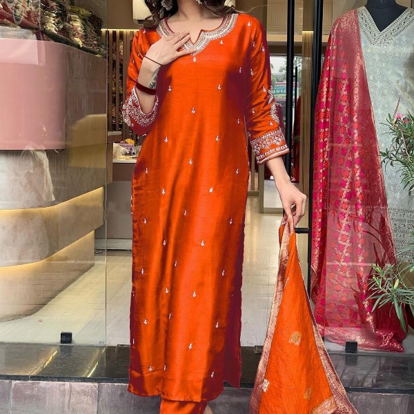 KALINI Floral Embroidered Notch Neck Art Silk Straight Kurta With Trousers And Dupatta