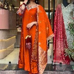 KALINI Floral Embroidered Notch Neck Art Silk Straight Kurta With Trousers And Dupatta