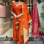 KALINI Floral Embroidered Notch Neck Art Silk Straight Kurta With Trousers And Dupatta