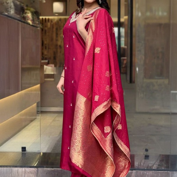 KALINI Floral Embroidered Straight Kurta With Trousers & Dupatta