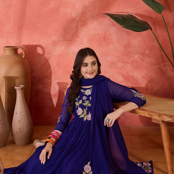 Sangria Floral Yoke Design Straight A-Line With Trouser And Dupatta