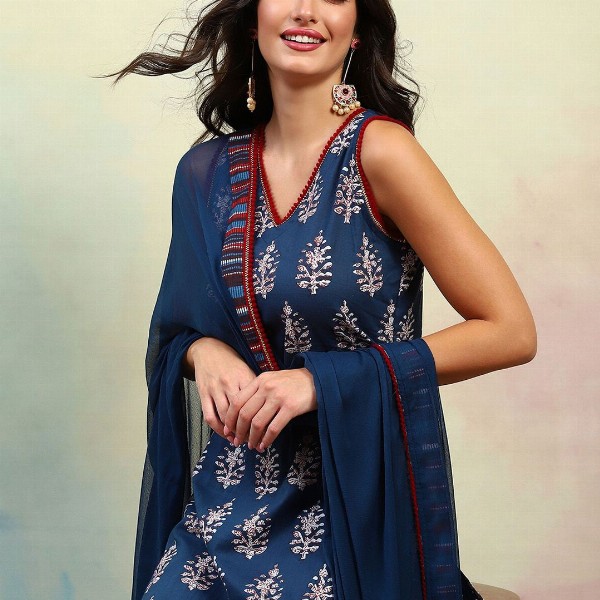 Khushal K Ethnic Motifs Printed V-Neck Sleeveless Pure Cotton Kurta with Palazzo & Dupatta